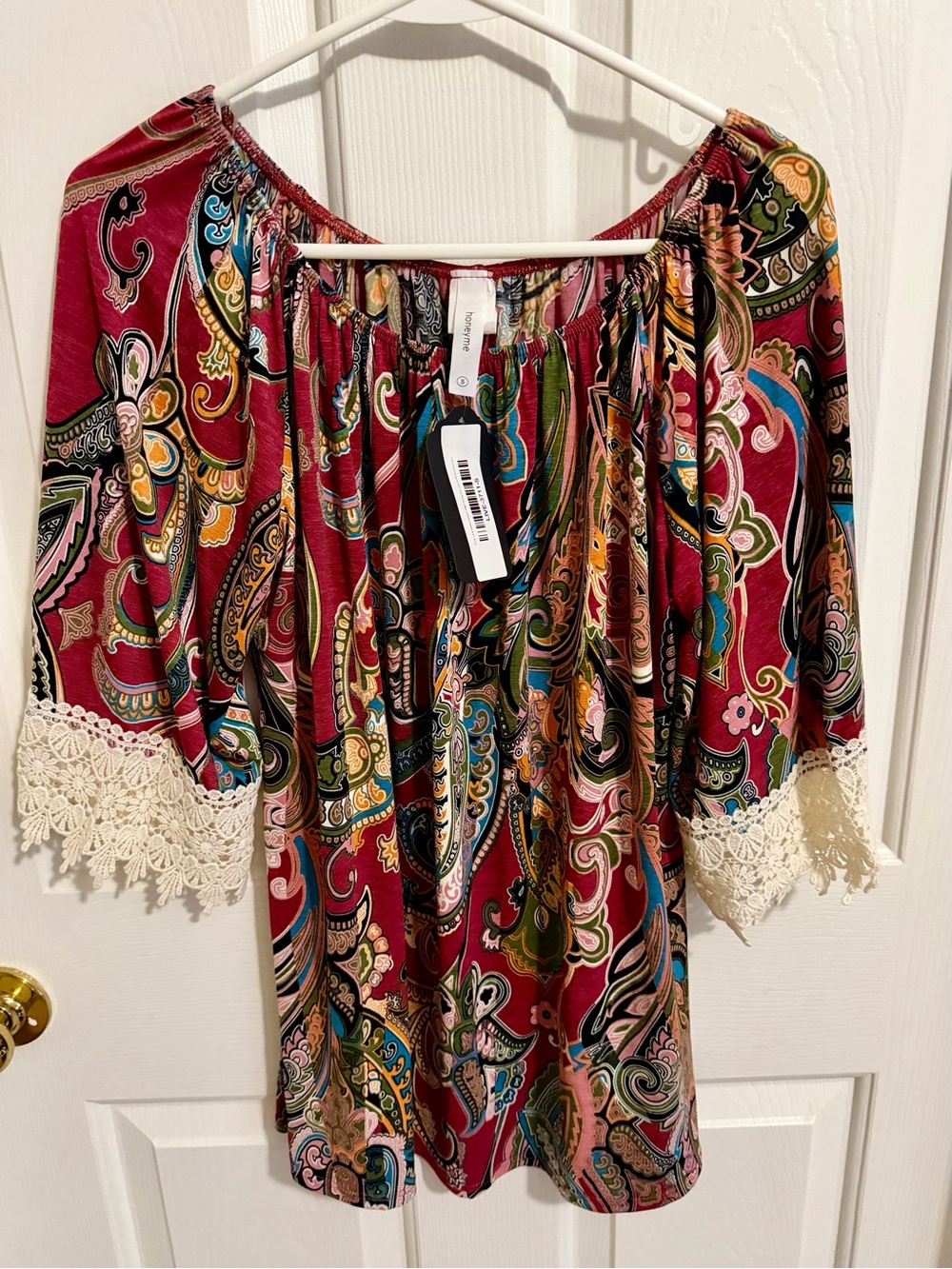 NWT Honeyme Boho Paisley Top with Lace Trim
